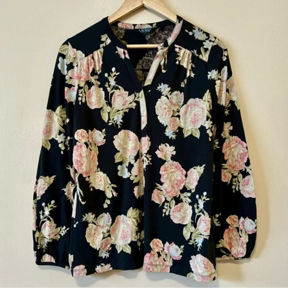 •SOLD•|Lauren| by Ralph Lauren Black and Pink Floral V-Neck Long Sleeve Blouse L - Picture 1 of 5